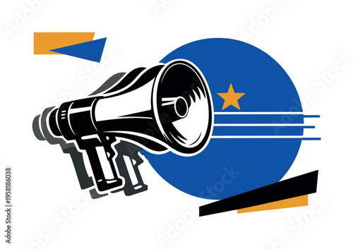 High-contrast black and white close-up of a loudspeaker megaphone pointing right, duplicated offset silhouette creating echo motion effect, large cobalt blue