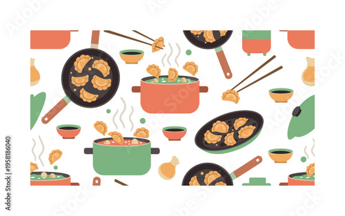 Cooking dumplings at home seamless pattern, dumplings frying in pans boiling pots chopsticks and sauce dishes arranged in a repeating pattern, white background