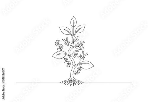 Socially Responsible Investing. Minimalistic one-line drawing growing plant intertwined with currency symbols to depict impact investing, continuous single