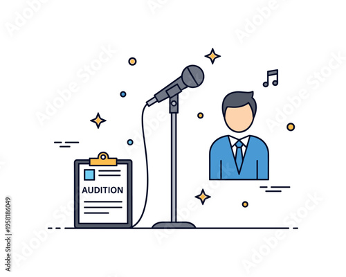 Band audition performance centered on a microphone stand and a simple singer silhouette while a small clipboard labeled ?Audition? rests nearby. Musical scene