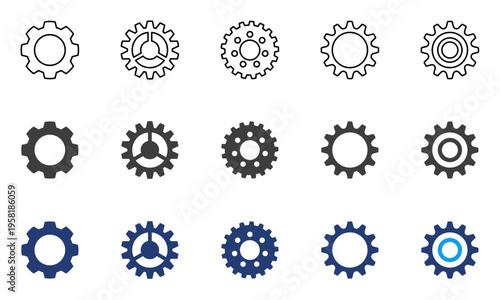 Gear icon set, mechanical, engineering theme, industrial design, cogwheel variations, machinery