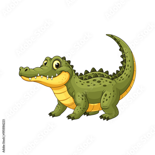 A cartoon green crocodile with a yellow belly