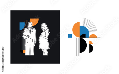 doctor checking mother with geometric highlights abstract semicircles lines and geometric blocks symbolizing health monitoring during maternity care black and