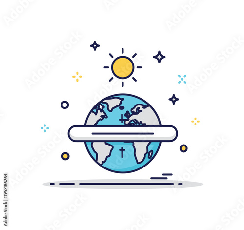 Equator geographic concept illustrated by a small globe with a bold horizontal line wrapping around the center and a sun icon above it. The scene represents