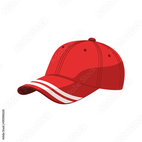 A red baseball cap with white stripes on the brim
