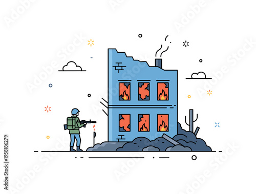 Desolate battlefield scene showing a solitary soldier standing before a partially collapsed building with fire glowing through broken windows. The moment