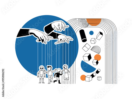 retro puppet master hands controlling strings attached to puppets below, black and white hands and puppets with white cut-out contour, giant blue circle