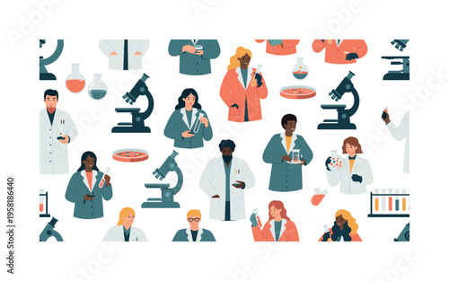 biology laboratory seamless pattern, lab coats, microscopes, petri dishes, test tubes, and scientists observing samples arranged in a repeating pattern, white