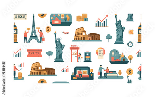 tourism revenue generation seamless pattern, travelers visiting landmarks buying tickets staying in hotels with coins charts and receipts arranged in a