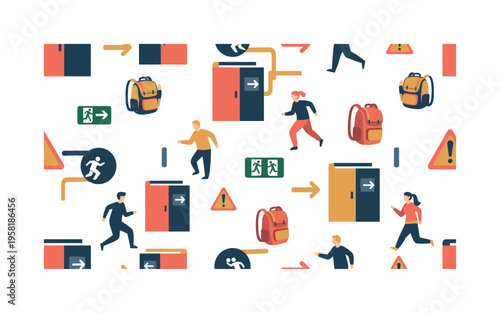 emergency evacuation route seamless pattern, people moving fast exit doors arrows warning triangles and backpacks arranged in a repeating pattern, white