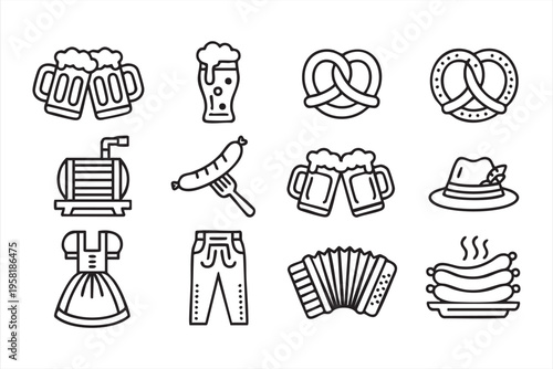 Oktoberfest Beer Festival Icons with Pretzel Sausage and Bavarian Elements