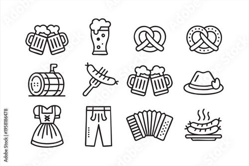 German Beer Festival Line Icon Set Featuring Food Drink and Traditional Culture