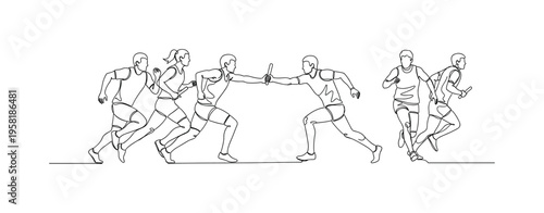 Relay Race Participation. Minimalistic one-line drawing athletes passing a baton during a relay race at a sports day event, continuous single black line on