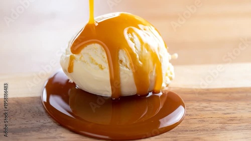A scoop of vanilla ice cream is drizzled with warm caramel sauce, resting on a wooden surface