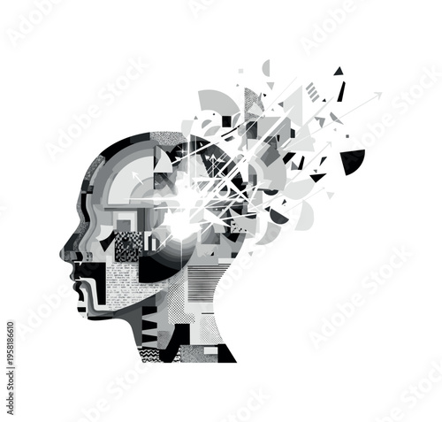 figure with glowing thought, geometric semicircles arrows and abstract shapes illustrating mental breakthrough and clarity, black and white retro realistic
