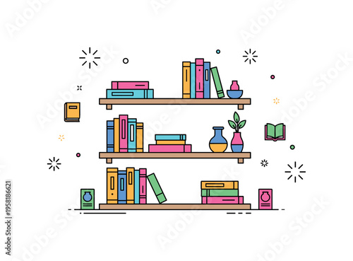 Bookish decor living room bookshelf with color-coordinated books and small decorative items on a white background representing modern interior styling, order,