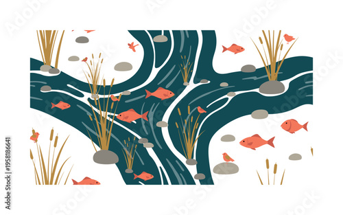 river delta and streams seamless pattern, rivers splitting into branches with fish, reeds, small birds, and stones arranged in a repeating pattern, white