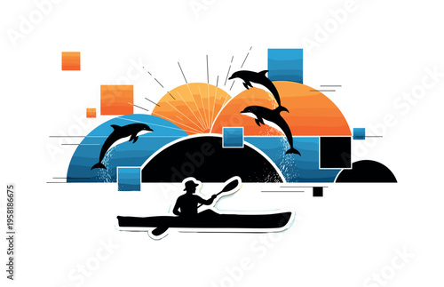 kayaker silhouetted against sunset with dolphins jumping abstract semicircles lines and geometric blocks symbolizing scenic ocean adventure black and white