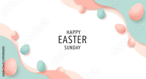 Easter Sunday social media template with pastel eggs and bunnies on a colorful background, featuring a Happy Easter Sunday message in a cute, cartoon-style illustration