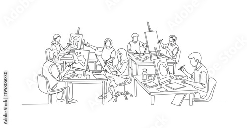 Shared Studio Work. Minimalistic one-line drawing artists at tables with tools and canvases collaborating on art project, continuous single black line on white