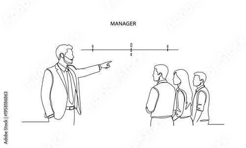 Team Leadership in Marketing. Minimalistic one-line drawing manager pointing at timeline or roadmap while team follows along, continuous single black line on