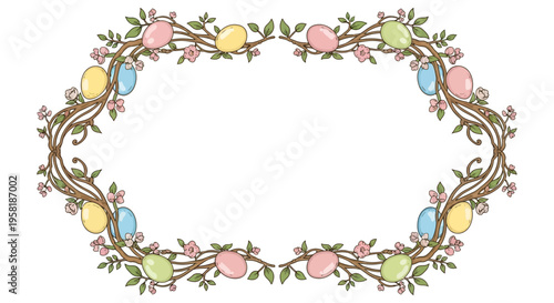 Easter Sunday social media template featuring a colorful oval frame with pastel eggs and bunnies on a white background