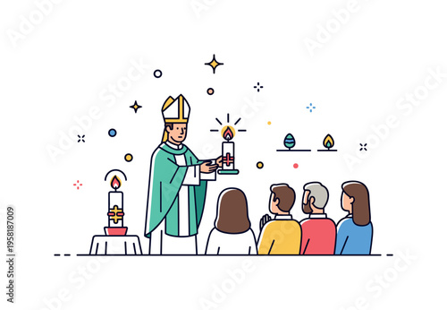 Easter Vigil priest lighting the Paschal candle while parishioners watch in reverent silence representing ritual, sacred ceremony, and communal worship.