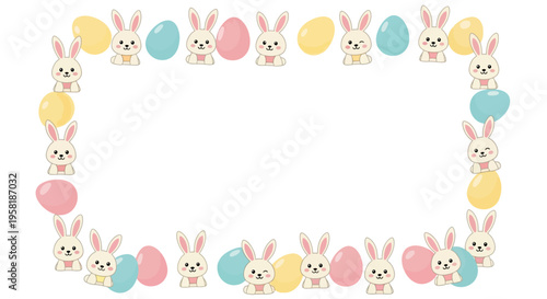 Easter Sunday social media template featuring a colorful border of cartoon bunnies and pastel eggs on a white background
