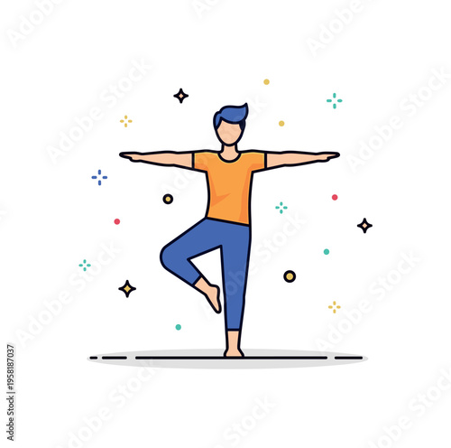 Low-impact balance training featuring a person standing on one leg with arms outstretched, tiny stars and dots around for emphasis on stability and controlled