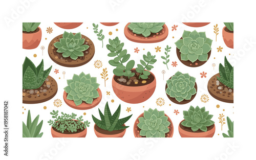 green succulent pattern seamless pattern, assorted succulent plants in planters, soil, pebbles and tiny decorative elements arranged in a repeating pattern,