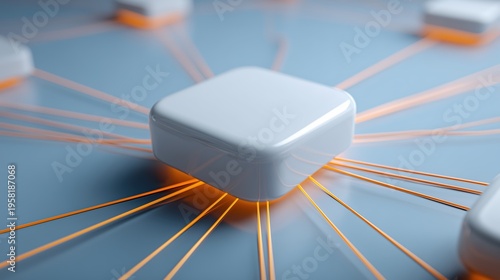 Boîtier blanc connecté avec rayons lumineux orange symbolisant réseau