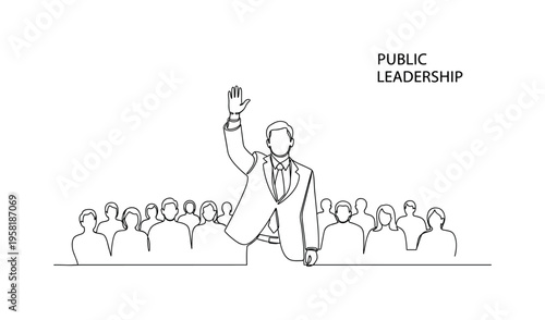 Public Address Leadership. Minimalistic one-line drawing politician standing with raised hand in front of crowd, continuous single black line on