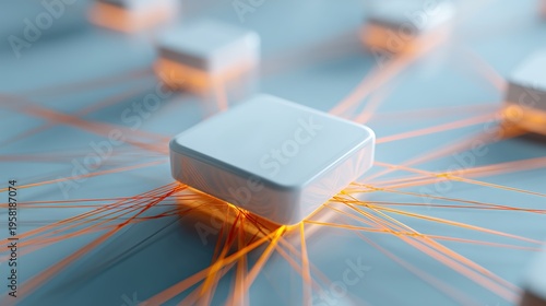 Processeur moderne connecté par des fibres optiques lumineuses orange