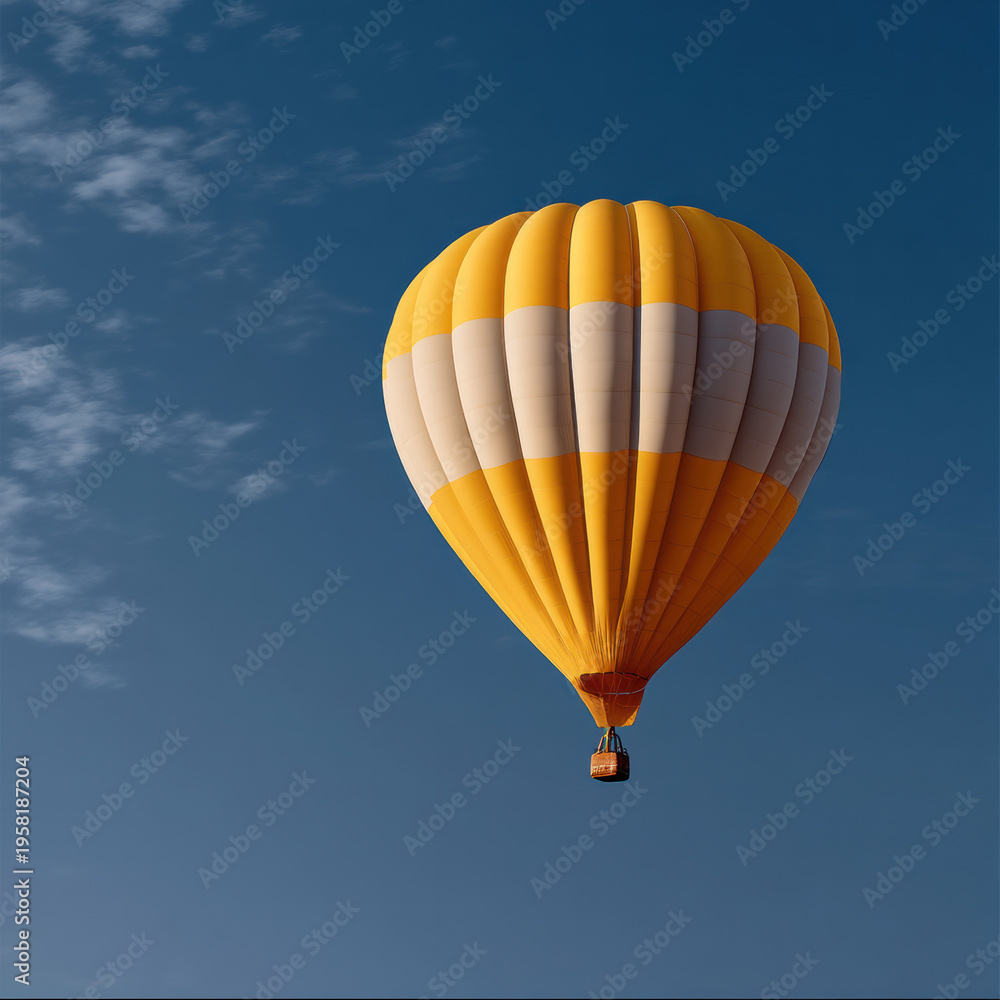 Obraz premium Yellow hot air balloon floats peacefully in clear blue sky, adventure and freedom concept, travel and leisure activity
