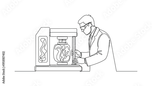 Materials Testing. Minimalistic one-line drawing scientist using lab equipment to assess strength or properties of sustainable materials, continuous single