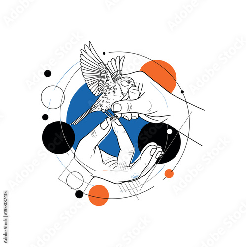 human hand releasing small bird abstract circles lines and geometric shapes representing wildlife rescue black and white retro hand and bird object with white