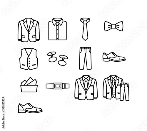 Men formalwear. Line icon set of Men formalwear: suit jacket, dress shirt, necktie, bow tie, waistcoat, cufflinks, suit trousers, formal shoes, pocket square,