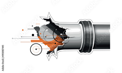 industrial pipe with crumbling insulation abstract circles lines and geometric shapes representing hidden asbestos hazards black and white retro pipe object