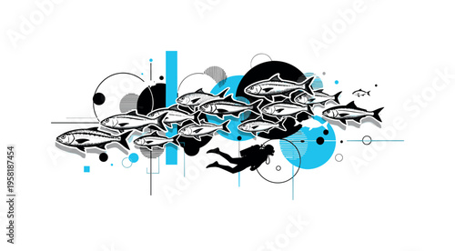 school of fish swimming around diver abstract circles lines and geometric shapes representing biodiversity underwater black and white retro fish silhouettes