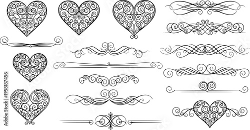 Filigree curly Calligraphic Heart, Fancy Line Flourishes Swirls hearts, curve romantic love separator, Valentines Day divider flourish Swirl, Calligraphy Flourish lettering header hearts scroll
