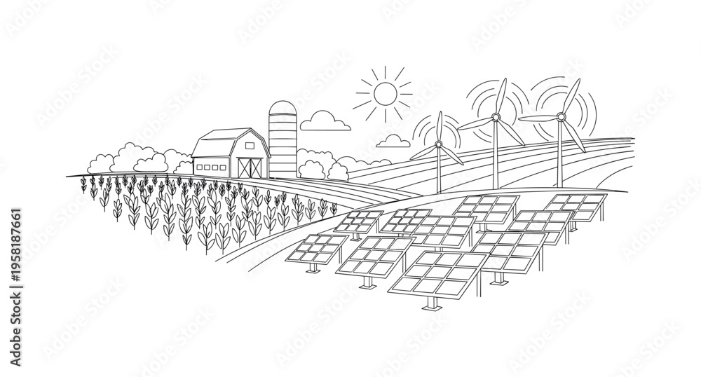 Fototapeta premium Eco-Friendly Farm Scene. Minimalistic one-line drawing farm landscape with renewable energy features like solar panels and small wind turbines, continuous