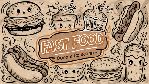 Hand drawn food doodle set fast food sketch illustration collection
