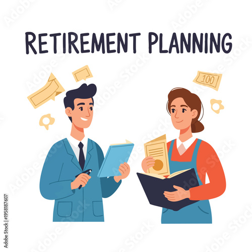 Two individuals review documents and scattered money, signifying retirement planning
