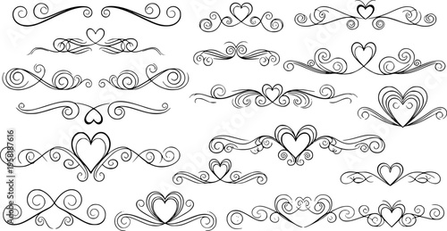 Filigree curly Calligraphic Heart, Fancy Line Flourishes Swirls hearts, curve romantic love separator, Valentines Day divider flourish Swirl, Calligraphy Flourish lettering header hearts scroll
