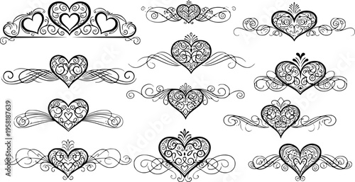 Filigree curly Calligraphic Heart, Fancy Line Flourishes Swirls hearts, curve romantic love separator, Valentines Day divider flourish Swirl, Calligraphy Flourish lettering header hearts scroll