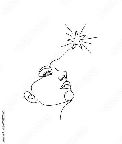 Optimism Star. Minimalistic one-line drawing simple face looking upward toward a shining star representing hope and positive thinking, continuous single black