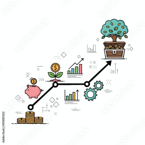 A pink piggy bank, stacked coins, growing plant, and treasure chest represent financial growth