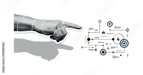 human hand pointing at globe with language markers abstract semicircles lines and geometric blocks symbolizing global language learning black and white retro