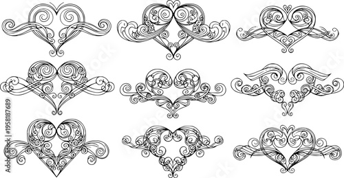 Filigree curly Calligraphic Heart, Fancy Line Flourishes Swirls hearts, curve romantic love separator, Valentines Day divider flourish Swirl, Calligraphy Flourish lettering header hearts scroll