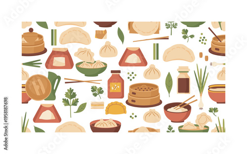 Dumpling cooking kitchen scene seamless pattern, dumplings wrappers flour bowls chopsticks steamers and herbs arranged in a repeating pattern, white background